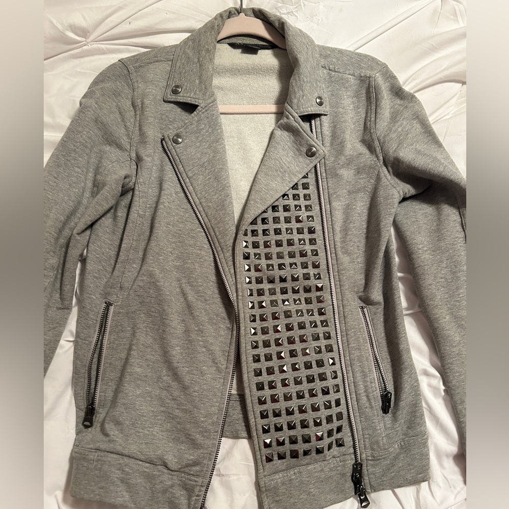 Armani Exchange gray zip up with bedazzled detail on lapel